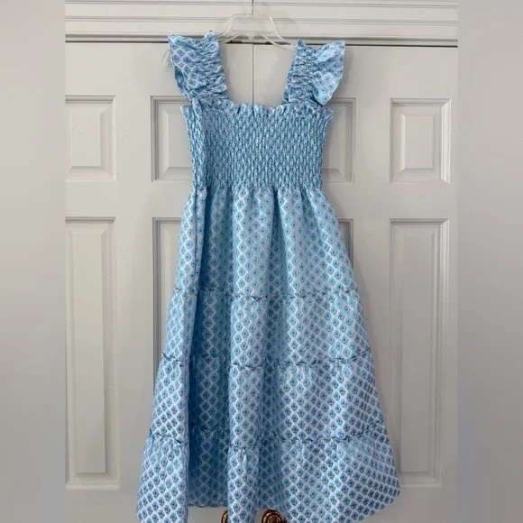🔥NWT Hill House Blue Snowflake Brocade Smocked Dress - Picture 6 of 10
